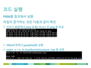 © 2011 Cisco and/or its affiliates. All rights reserved. Cisco Confidential 11
P699를 참조해서 실행
파일이 증가하는 것은 다음과 같이 확인
 리눅스 #2번에서 ping 10.82.10.xx1 로 ping 을 보냄
 N9kv#1번에서 guestshell을 실행
 watch -n 1 ls -lh /bootflash/ethanalyzer_log/ 를 실행
 