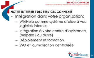 SERVICES CONNEXES



NOTRE ENTREPRISE DES SERVICES CONNEXES
• Intégration dans votre organisation:
  – WikiHelp comme système d’aide à vos
    logiciels internes
  – Intégration à votre centre d’assistance
    (helpdesk ou autre)
  – Déploiement et formation
  – SSO et journalisation centralisée

                                                      14
 