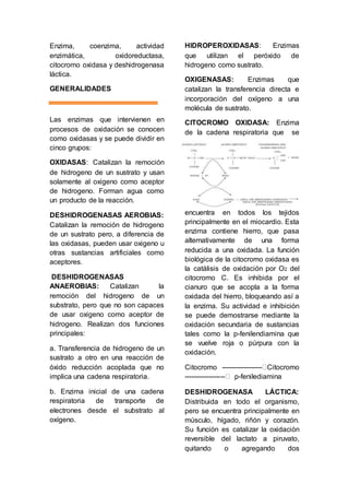 Enzima, coenzima, actividad 
enzimática, oxidoreductasa, 
citocromo oxidasa y deshidrogenasa 
láctica. 
GENERALIDADES 
Las enzimas que intervienen en 
procesos de oxidación se conocen 
como oxidasas y se puede dividir en 
cinco grupos: 
OXIDASAS: Catalizan la remoción 
de hidrogeno de un sustrato y usan 
solamente al oxigeno como aceptor 
de hidrogeno. Forman agua como 
un producto de la reacción. 
DESHIDROGENASAS AEROBIAS: 
Catalizan la remoción de hidrogeno 
de un sustrato pero, a diferencia de 
las oxidasas, pueden usar oxigeno u 
otras sustancias artificiales como 
aceptores. 
DESHIDROGENASAS 
ANAEROBIAS: Catalizan la 
remoción del hidrogeno de un 
substrato, pero que no son capaces 
de usar oxigeno como aceptor de 
hidrogeno. Realizan dos funciones 
principales: 
a. Transferencia de hidrogeno de un 
sustrato a otro en una reacción de 
óxido reducción acoplada que no 
implica una cadena respiratoria. 
b. Enzima inicial de una cadena 
respiratoria de transporte de 
electrones desde el substrato al 
oxígeno. 
HIDROPEROXIDASAS: Enzimas 
que utilizan el peróxido de 
hidrogeno como sustrato. 
OXIGENASAS: Enzimas que 
catalizan la transferencia directa e 
incorporación del oxígeno a una 
molécula de sustrato. 
CITOCROMO OXIDASA: Enzima 
de la cadena respiratoria que se 
encuentra en todos los tejidos 
principalmente en el miocardio. Esta 
enzima contiene hierro, que pasa 
alternativamente de una forma 
reducida a una oxidada. La función 
biológica de la citocromo oxidasa es 
la catálisis de oxidación por O2 del 
citocromo C. Es inhibida por el 
cianuro que se acopla a la forma 
oxidada del hierro, bloqueando así a 
la enzima. Su actividad e inhibición 
se puede demostrarse mediante la 
oxidación secundaria de sustancias 
tales como la p-fenilendiamina que 
se vuelve roja o púrpura con la 
oxidación. 
Citocromo ------------------ Citocromo 
------------------ p-fenilediamina 
DESHIDROGENASA LÁCTICA: 
Distribuida en todo el organismo, 
pero se encuentra principalmente en 
músculo, hígado, riñón y corazón. 
Su función es catalizar la oxidación 
reversible del lactato a piruvato, 
quitando o agregando dos 
 