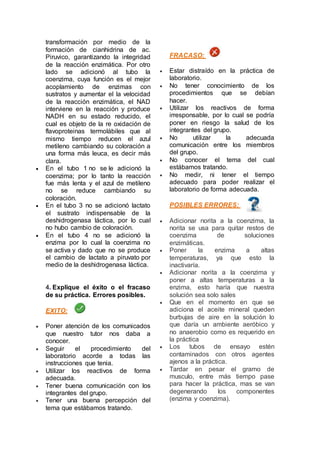 transformación por medio de la 
formación de cianhidrina de ac. 
Piruvico, garantizando la integridad 
de la reacción enzimática. Por otro 
lado se adicionó al tubo la 
coenzima, cuya función es el mejor 
acoplamiento de enzimas con 
sustratos y aumentar el la velocidad 
de la reacción enzimática, el NAD 
interviene en la reacción y produce 
NADH en su estado reducido, el 
cual es objeto de la re oxidación de 
flavoproteinas termolábiles que al 
mismo tiempo reducen el azul 
metileno cambiando su coloración a 
una forma más leuca, es decir más 
clara. 
 En el tubo 1 no se le adicionó la 
coenzima; por lo tanto la reacción 
fue más lenta y el azul de metileno 
no se reduce cambiando su 
coloración. 
 En el tubo 3 no se adicionó lactato 
el sustrato indispensable de la 
deshidrogenasa láctica, por lo cual 
no hubo cambio de coloración. 
 En el tubo 4 no se adicionó la 
enzima por lo cual la coenzima no 
se activa y dado que no se produce 
el cambio de lactato a piruvato por 
medio de la deshidrogenasa láctica. 
4. Explique el éxito o el fracaso 
de su práctica. Errores posibles. 
EXITO: 
 Poner atención de los comunicados 
que nuestro tutor nos daba a 
conocer. 
 Seguir el procedimiento del 
laboratorio acorde a todas las 
instrucciones que tenia. 
 Utilizar los reactivos de forma 
adecuada. 
 Tener buena comunicación con los 
integrantes del grupo. 
 Tener una buena percepción del 
tema que estábamos tratando. 
FRACASO: 
 Estar distraído en la práctica de 
laboratorio. 
 No tener conocimiento de los 
procedimientos que se debían 
hacer. 
 Utilizar los reactivos de forma 
irresponsable, por lo cual se podría 
poner en riesgo la salud de los 
integrantes del grupo. 
 No utilizar la adecuada 
comunicación entre los miembros 
del grupo. 
 No conocer el tema del cual 
estábamos tratando. 
 No medir, ni tener el tiempo 
adecuado para poder realizar el 
laboratorio de forma adecuada. 
POSIBLES ERRORES: 
 Adicionar norita a la coenzima, la 
norita se usa para quitar restos de 
coenzima de soluciones 
enzimáticas. 
 Poner la enzima a altas 
temperaturas, ya que esto la 
inactivaría. 
 Adicionar norita a la coenzima y 
poner a altas temperaturas a la 
enzima, esto haría que nuestra 
solución sea solo sales 
 Que en el momento en que se 
adiciona el aceite mineral queden 
burbujas de aire en la solución lo 
que daría un ambiente aeróbico y 
no anaerobio como es requerido en 
la práctica 
 Los tubos de ensayo estén 
contaminados con otros agentes 
ajenos a la práctica. 
 Tardar en pesar el gramo de 
musculo, entre más tiempo pase 
para hacer la práctica, mas se van 
degenerando los componentes 
(enzima y coenzima). 
 