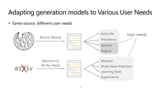 • Same source, different user needs
Adapting generation models to Various User Needs
2
User needs
Attention Is


All You Need
Method
Multi-head Attention
Learning Rate
Experiments
Barack Obama
Presidency
Early Life
Spouse
Degree
 