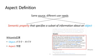 Aspect: Definition
4
Semantic property that specifies a subset of information about an object
Wikipedia記事


• Object: バラク・オバマ


• Aspect: 学歴
Same source, different user needs


Wikipedia
 