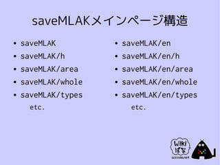 saveMLAKメインページ構造
●   saveMLAK         ●   saveMLAK/en
●   saveMLAK/h       ●   saveMLAK/en/h
●   saveMLAK/area    ●   saveMLAK/en/area
●   saveMLAK/whole   ●   saveMLAK/en/whole
●   saveMLAK/types   ●   saveMLAK/en/types
      etc.                 etc.
 