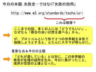 今日の本題：失敗史…ではなく「失敗の効用」

  http://www.w3.org/standards/techs/uri

                        これは階層？
   ここまでの話、多くの人には「どうでもいい」。
   なぜなら「都合の良い幻想を選べる」から。
   が、プロトコルという形で２つの世界観を本気で
   接続しようとすると、とたんにスキマが明らかに。

  重要な点＆今日の主題
   「どれが適している」とは別に、この世界観の
   衝突が各種の疑問を生み、今日に繋がったこと。
   境界が思想の土壌となった。
 