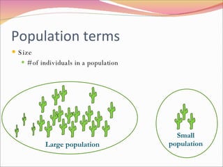 Population terms Size # of individuals in a population Large population Small population 