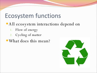 All ecosystem interactions depend on Flow of energy  Cycling of matter What does this mean? Ecosystem functions 