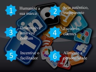1
3
5
4
6
2
Humanize a
sua marca
Desenvolva
uma voz
comum
Incentive o
facilitador
Seja autêntico,
transparente
Escute os
clientes
Alimente a
personalidade
 