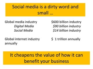 Social media is a dirty word and small …Global media industry		$600 billion industryDigital Media		  $90 billion industry	Social Media		  $14 billion industryGlobal internet industry		$  1 trillion annuallyannually It cheapens the value of how it can benefit your business