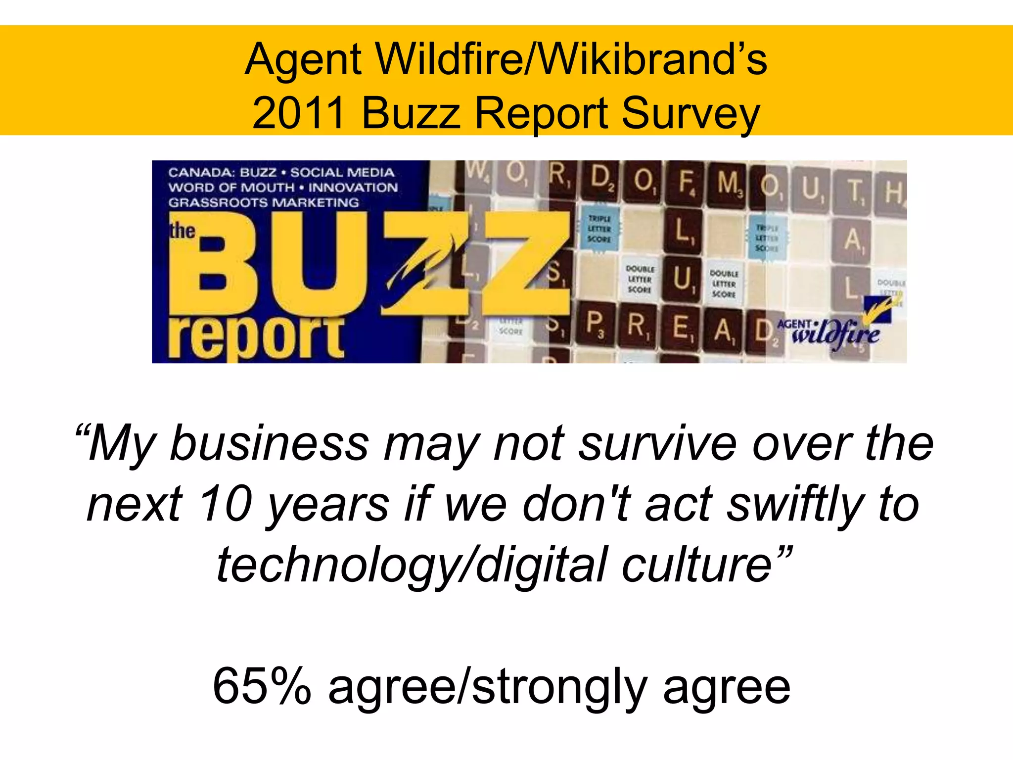 Agent Wildfire/Wikibrand‟s
        2011 Buzz Report Survey




“My business may not survive over the
 next 10 years if we don't act swiftly to
       technology/digital culture”

      65% agree/strongly agree
 