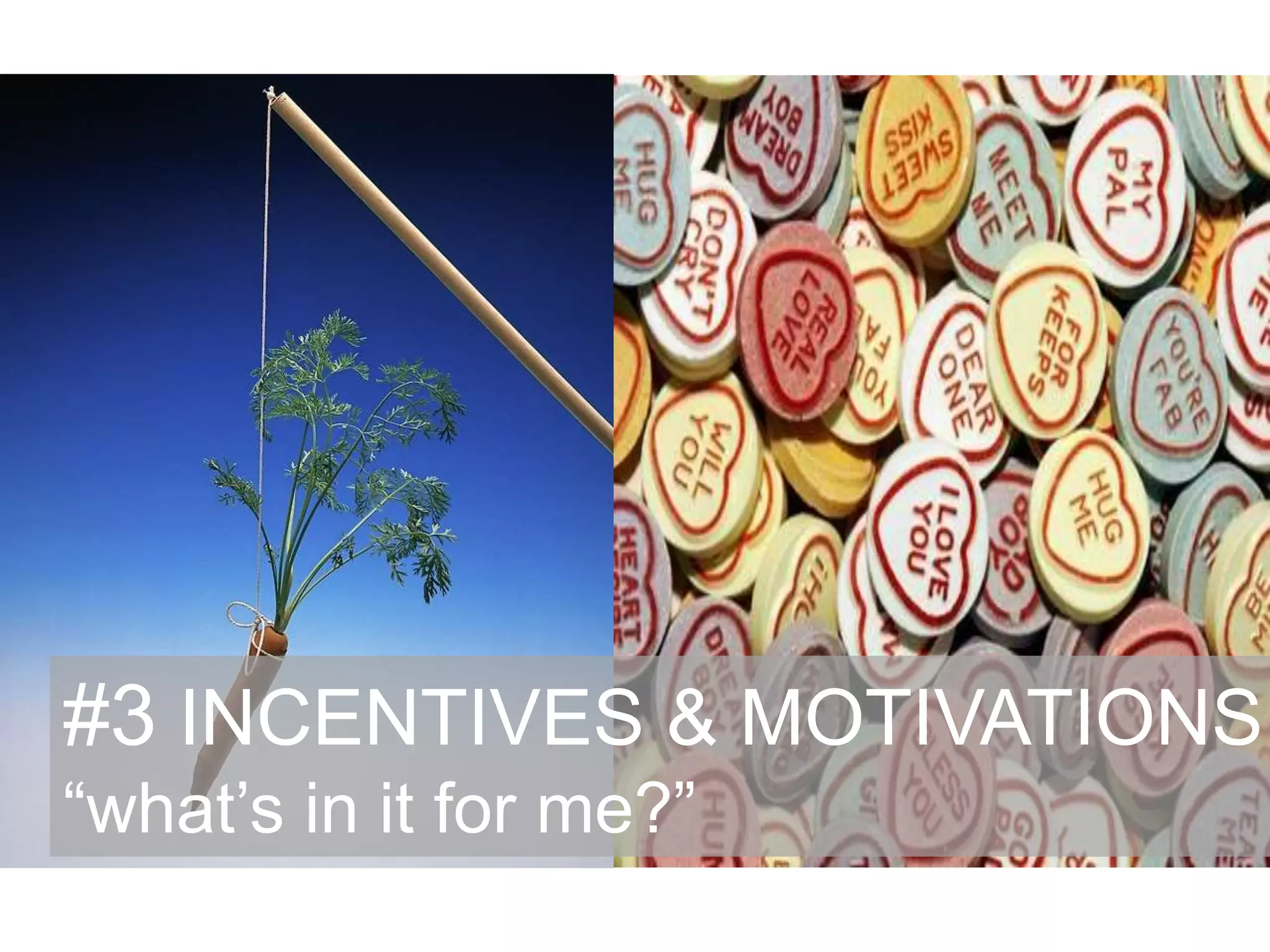 #3 INCENTIVES & MOTIVATIONS
“what‟s in it for me?”
 