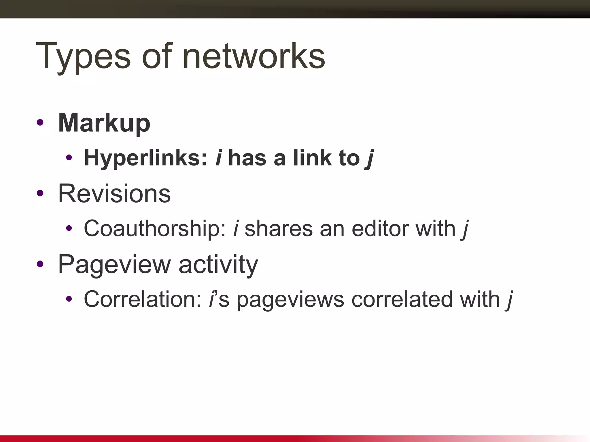 Types of networks
• Markup
• Hyperlinks: i has a link to j
• Revisions
• Coauthorship: i shares an editor with j
• Pageview activity
• Correlation: i’s pageviews correlated with j
 
