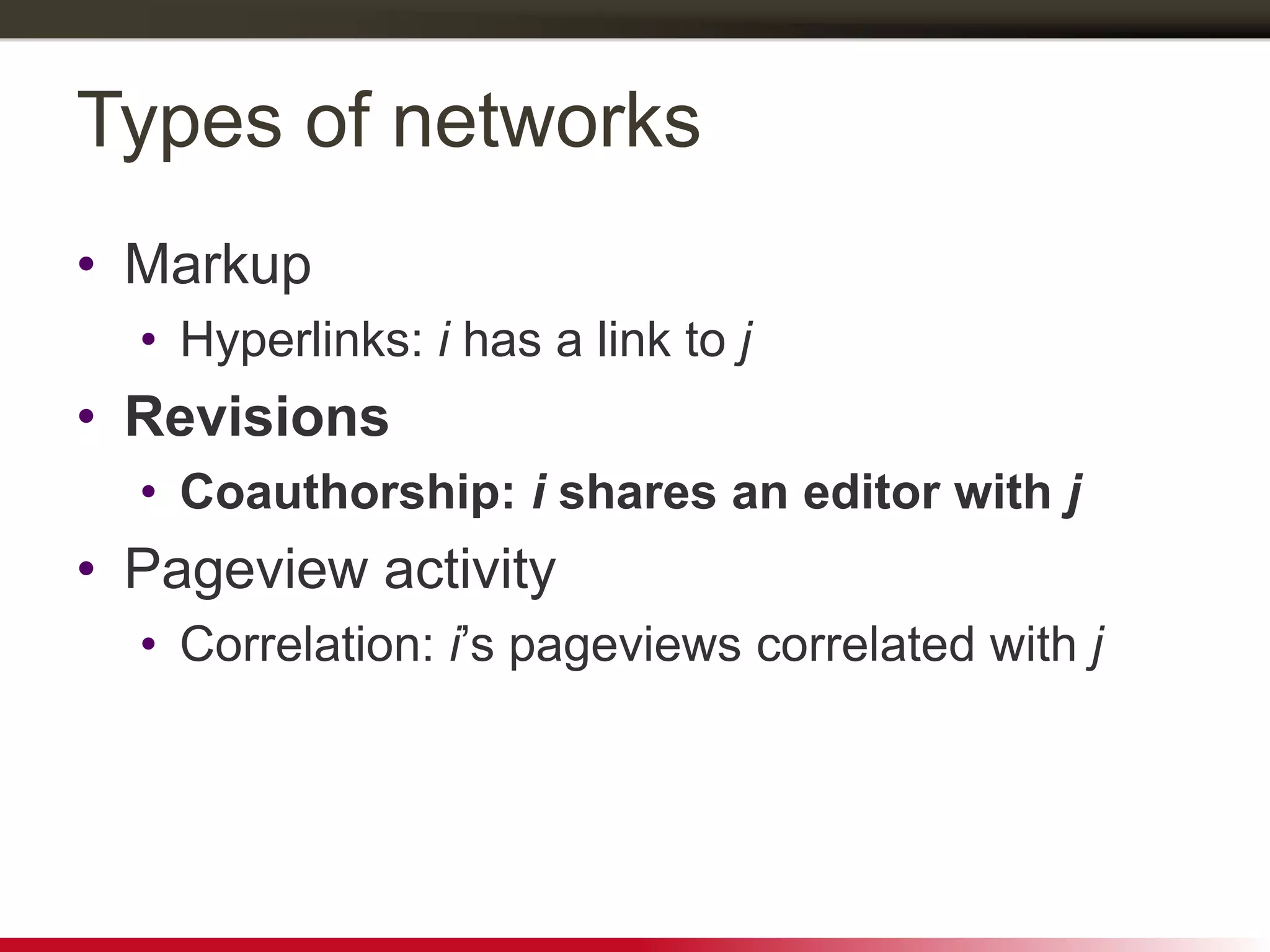 Types of networks
• Markup
• Hyperlinks: i has a link to j
• Revisions
• Coauthorship: i shares an editor with j
• Pageview activity
• Correlation: i’s pageviews correlated with j
 
