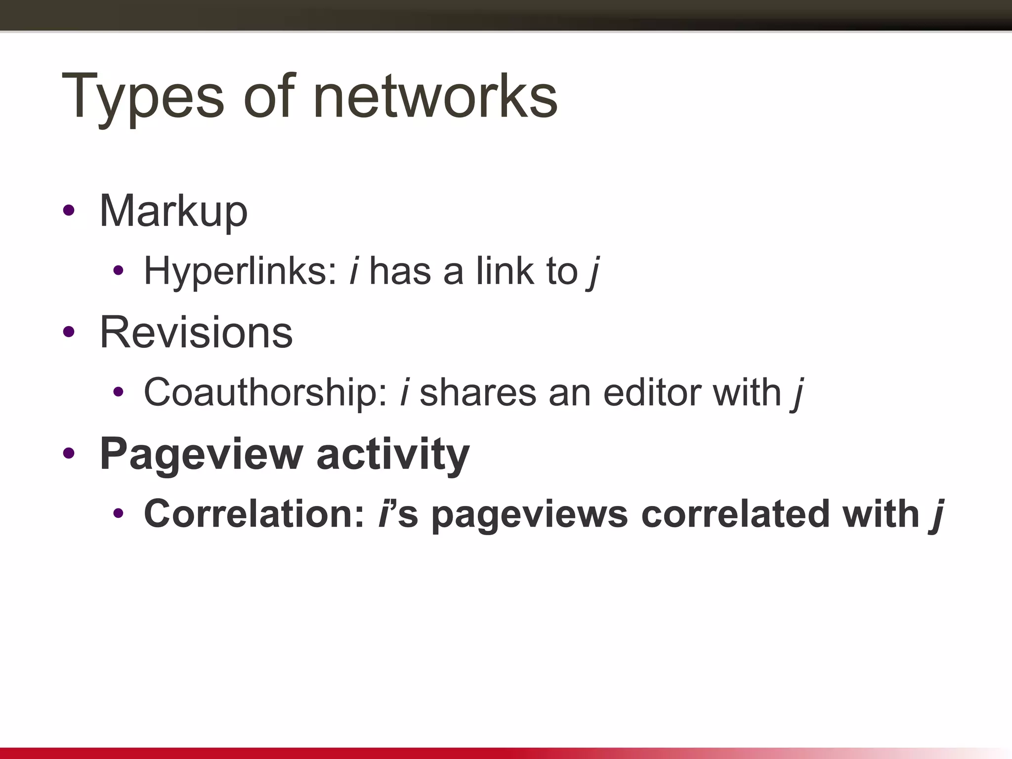 Types of networks
• Markup
• Hyperlinks: i has a link to j
• Revisions
• Coauthorship: i shares an editor with j
• Pageview activity
• Correlation: i’s pageviews correlated with j
 