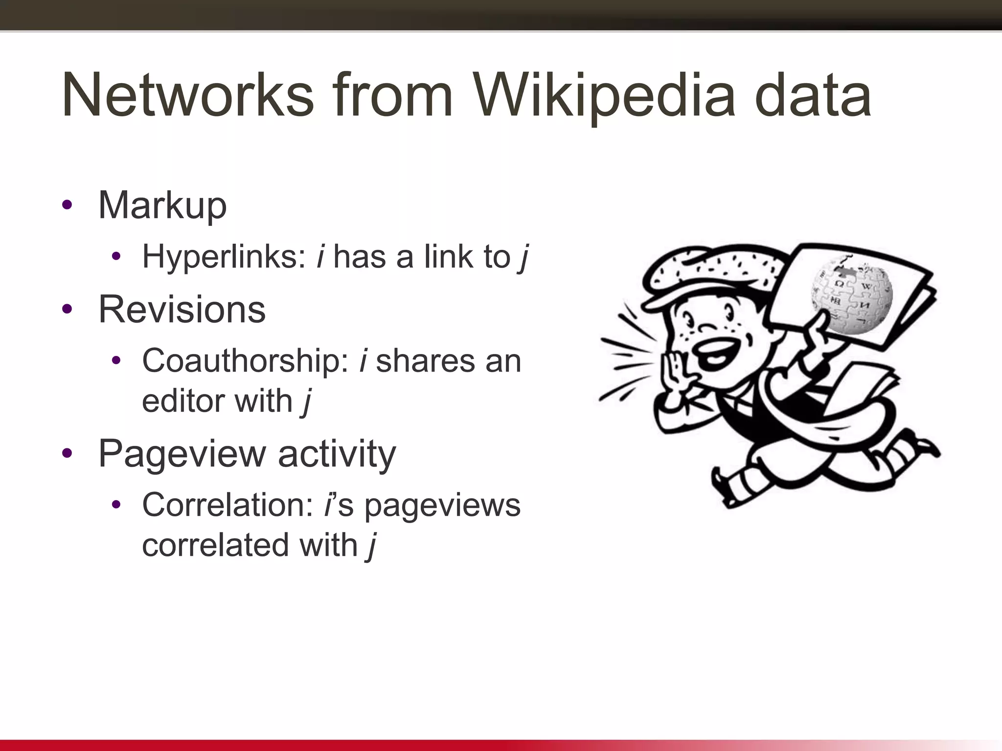 Networks from Wikipedia data
• Markup
• Hyperlinks: i has a link to j
• Revisions
• Coauthorship: i shares an
editor with j
• Pageview activity
• Correlation: i’s pageviews
correlated with j
 