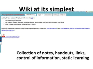 Wiki at its simplest Collection of notes, handouts, links, control of information, static learning 