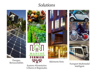 Solutions
Énergies
Renouvelables Bâtiments Verts
Transport Multimodal
IntelligentSystems Alimentaires
Urbains et Regionales
 