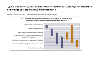 C.
Classez ces éléments par ordre d'importance, en commençant par le plus important :
Si, pour aller travailler, vous aviez le choix entre le train ou la voiture, quels seraient les
éléments qui vous inciteraient à prendre le train ?
-0,01 1,99 3,99 5,99 7,99 9,99
1. Fréquence de service plus élevée
2. Proximité de votre domicile
3. Temps de parcours comparableà l’automobile
4. Accès directpar train à votre travail sansrecours à
l’autobus en fin de parcours
5. Meilleure communication des délais et des annulations
6. Internet sans fil gratuit(WiFi) dans letrain età l’arrêt de
train
7. Confort des installations
2.3 - Si, pour aller travailler, vous aviez le choix entre le train ou la voiture, quels
seraient les éléments qui vous inciteraient à prendre le train ?
 