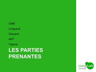 LES PARTIES
PRENANTES
CMM
Longueuil
Citoyens
AMT
Trigone
 