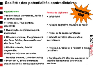 11
Société : des potentialités contradictoires
Points de vigilance
> Infobésité
> Fatigue cognitive, Manque de recul
> Recul de la pensée profonde
> Intimité dévoilée, Société de la
surveillance
> Relation à l’autre et à l’urbain à travers
des filtres
> Confidentialité, Remise en cause du
modèle économique de certains
secteurs
Opportunités
> Bibliothèque universelle, Accès à
la connaissance
> Temps réel, Flux continu,
Réactivité
> Hypertexte, Décloisonnement,
Innovation
> Réseaux sociaux, Elargissement
des liens faibles, Renouvellement
des liens forts
> Réalité virtuelle, Réalité
augmentée,
Pratiques urbaines enrichies
Ø Modèles ouverts, Crowdsourcing,
« Prom-am », Biens communs
informationnels, Innovation ouverte
Prospective2010
 