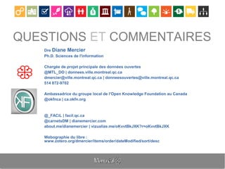 QUESTIONS ET COMMENTAIRES
Dre Diane Mercier
Ph.D. Sciences de l'information
Chargée de projet principale des données ouvertes
@MTL_DO | donnees.ville.montreal.qc.ca
dmercier@ville.montreal.qc.ca | donneesouvertes@ville.montreal.qc.ca
514 872-9702
Ambassadrice du groupe local de l'Open Knowledge Foundation au Canada
@okfnca | ca.okfn.org
@_FACiL | facil.qc.ca
@carnetsDM | dianemercier.com
about.me/dianemercier | vizualize.me/oKvvtBkJXK?r=oKvvtBkJXK
Webographie du libre :
www.zotero.org/dmercier/items/order/dateModified/sort/desc
 