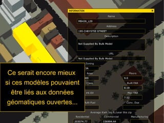 Ce serait encore mieux
si ces modèles pouvaient
être liés aux données
géomatiques ouvertes...