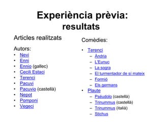 Experiència prèvia:
resultats
Articles realitzats
Autors:
• Nevi
• Enni
• Ennio (gallec)
• Cecili Estaci
• Terenci
• Pacuvi
• Pacuvio (castellà)
• Nepot
• Pomponi
• Vegeci
Comèdies:
• Terenci
– Àndria
– L'Eunuc
– La sogra
– El turmentador de sí mateix
– Formió
– Els germans
• Plaute
– Pséudolo (castellà)
– Trinummus (castellà)
– Trinummus (italià)
– Stichus
 