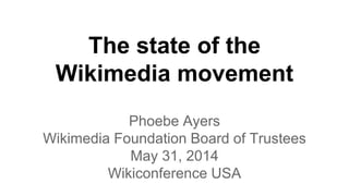 The state of the
Wikimedia movement
Phoebe Ayers
Wikimedia Foundation Board of Trustees
May 31, 2014
Wikiconference USA
 