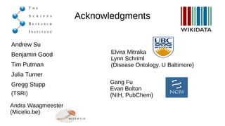 Data maintenance in Wikidata
● Our bots are written in Python (2.7 and 3.x compatible).
● Python bots keep Wikidata in sync with authoritative data
source. (PubChem, ChemSpider, ChEBI, ChEMBL)
● Bots are run according to data release cycles of authoritative
data sources.
● Mechanisms in place for detection of inconsistencies.
● Contributions of other Wikidata users are being accounted for,
based on references.
 