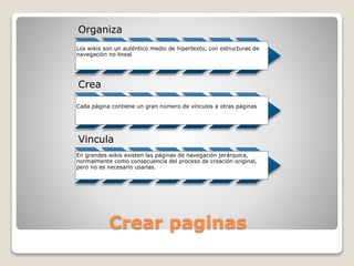 Organiza
Los wikis son un auténtico medio de hipertexto, con estructuras de
navegación no lineal

Crea
Cada página contiene un gran número de vínculos a otras páginas

Vincula
En grandes wikis existen las páginas de navegación jerárquica,
normalmente como consecuencia del proceso de creación original,
pero no es necesario usarlas.

Crear paginas

 