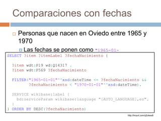 Comparaciones con fechas
 Personas que nacen en Oviedo entre 1965 y
1970
 Las fechas se ponen como "1965-01-
01"^^xsd:dateTimeSELECT ?item ?itemLabel ?fechaNacimiento {
?item wdt:P19 wd:Q14317 .
?item wdt:P569 ?fechaNacimiento
FILTER("1965-01-01"^^xsd:dateTime <= ?fechaNacimiento &&
?fechaNacimiento < "1970-01-01"^^xsd:dateTime).
SERVICE wikibase:label {
bd:serviceParam wikibase:language "[AUTO_LANGUAGE],es".
}
} ORDER BY DESC(?fechaNacimiento)
http://tinyurl.com/y2uless6
 