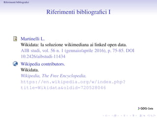 Riferimenti bibliograﬁci
Riferimenti bibliograﬁci I
Martinelli L.
Wikidata: la soluzione wikimediana ai linked open data.
...