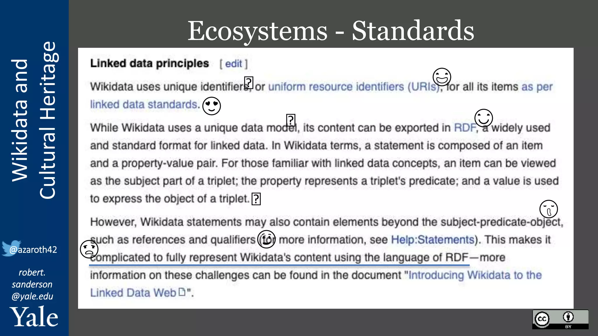 Wikidata
and
Cultural
Heritage
robert.
sanderson
@yale.edu
@azaroth42
Ecosystems - Standards
🙂 😃
😍
🙂 😊
🙂
😫
😖
😡
 