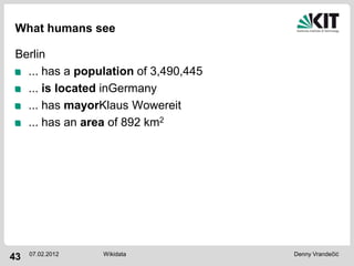 What humans see

Berlin
  ... has a population of 3,490,445
  ... is located inGermany
  ... has mayorKlaus Wowereit
  ... has an area of 892 km2




     07.02.2012   Wikidata            Denny Vrandečić
43
 