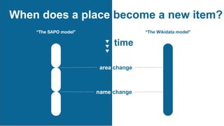 time
name change
area change
When does a place become a new item?
“The SAPO model” “The Wikidata model”
 