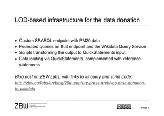 LOD-based infrastructure for the data donation
 Custom SPARQL endpoint with PM20 data
 Federated queries on that endpoint and the Wikidata Query Service
 Scripts transforming the output to QuickStatements input
 Data loading via QuickStatements, complemented with reference
statements
Blog post on ZBW Labs, with links to all query and script code:
http://zbw.eu/labs/en/blog/20th-century-press-archives-data-donation-
to-wikidata
Page 6
 