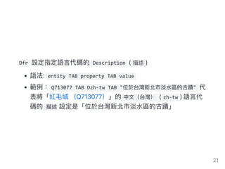 Dfr 設定指定語言代碼的 Description ( 描述 )
語法: entity TAB property TAB value
範例： Q713077 TAB Dzh‑tw TAB "位於台灣新北市淡水區的古蹟" 代
表將「紅毛城（Q71...