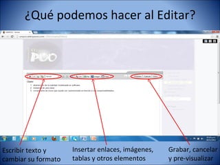 ¿Qué podemos hacer al Editar?




Escribir texto y     Insertar enlaces, imágenes,   Grabar, cancelar
cambiar su formato   tablas y otros elementos      y pre-visualizar
 