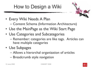 How to Design a Wiki Every Wiki Needs A Plan Content Schema (Information Architecture) Use the MainPage as the Wiki Start Page Use Categories and Subcategories Remember: categories are like tags.  Articles can have multiple categories Use Subpages Allows a hierarchal organization of articles Breadcrumb style navigation 