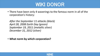 • There have been only 4 waverings to the famous norm in all of the
corporation’s history:
After the September 11 attacks (black)
April 28, 2008 Earth Day (green)
September 19, 2011 (metallic silver)
December 31, 2012 (silver)
• What norm by which corporation?
NINE
WIKI DONOR
 