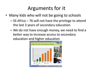 Arguments for it
• Many kids who will not be going to schools
  – SS Africa – 76 will not have the privilege to attend
    the last 3 years of secondary education
  – We do not have enough money, we need to find a
    better way to increase access to secondary
    education and higher education
 