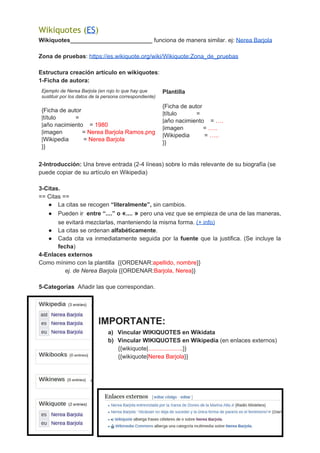 Wikiquotes (​ES​) 
Wikiquotes_________________________​ funciona de manera similar. ej: ​Nerea Barjola
Zona de pruebas​: ​https://es.wikiquote.org/wiki/Wikiquote:Zona_de_pruebas
Estructura creación artículo en wikiquotes​:
1-Ficha de autora:
Ejemplo de Nerea Barjola (en rojo lo que hay que
sustituir por los datos de la persona correspondiente)
{Ficha de autor
|título =
|año nacimiento = ​1980
|imagen = ​Nerea Barjola Ramos.png
|Wikipedia = ​Nerea Barjola
}}
Plantilla
{Ficha de autor
|título =
|año nacimiento = ​….
|imagen = ​…..
|Wikipedia = ​…..
}}
2-Introducción: ​Una breve entrada (2-4 líneas) sobre lo más relevante de su biografía (se
puede copiar de su artículo en Wikipedia)
3-Citas.
== Citas ==
● La citas se recogen ​“literalmente”,​ sin cambios.
● Pueden ir ​entre “....” o ​«​.... » ​pero una vez que se empieza de una de las maneras,
se evitará mezclarlas, manteniendo la misma forma. ​(+ info)
● La citas se ordenan ​alfabéticamente​.
● Cada cita va inmediatamente seguida por la ​fuente que la justifica. (Se incluye la
fecha​)
4-Enlaces externos
Como mínimo con la plantilla {{ORDENAR:​apellido, nombre​}}
​ej. de Nerea Barjola ​{{ORDENAR:​Barjola, Nerea​}}
5-Categorías ​Añadir las que correspondan.
IMPORTANTE:
a) Vincular WIKIQUOTES en Wikidata
b) Vincular WIKIQUOTES en Wikipedia​ (en enlaces externos)
​{{wikiquote|​....................​.}}
{{wikiquote|​Nerea Barjola​}}
 