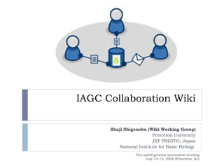 IAGC Collaboration Wiki Shuji Shigenobu (Wiki Working Group) Princeton University JST PRESTO, Japan National Institute for Basic Biology  Pea aphid genome annotation meeting July 14-15, 2008 (Princeton, NJ) 