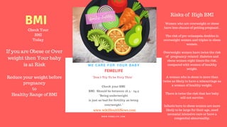 FERTILITY TIPS
FEMELIFE
"Don't Try To be Very Thin"
Check your BMI
BMI- Should be between 18.5 - 24.9
"Being underweight
is just as bad for fertility as being
overweight."
WE CARE FOR YOUR BABY
W W W . F E M E L I F E . C O M
www.wikiHealthNews.com
femelife fertility Risks of High BMI
BMI Women who are overweight or obese
have less chance of getting pregnant .
The risk of pre-eclampsia doubles in
overweight women and triples in obese
women.
Overweight women have twice the risk
of pregnancy-related diabetes and
obese women eight times the risk,
compared with women of healthy
weight.
A woman who is obese is more than
twice as likely to have a miscarriage as
a woman of healthy weight.
There is twice the risk that her baby
will not survive.
Infants born to obese women are more
likely to be large for their age, need
neonatal intensive care or have a
congenital abnormality.
If you are Obese or Over
weight then Your baby
is at Risk
Reduce your weight before
pregnancy
to
Healthy Range of BMI
Check Your
BMI
Today
 