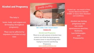 FERTILITY TIPS
FEMELIFE
Alcohol and Pregnancy
There is no safe amount of alcohol that
women can drink during pregnancy.
It makes sense to stop drinking while
trying to conceive and during
Pregnancy.
WE CARE FOR YOUR BABY
W W W . F E M E L I F E . C O M
www.wikiHealthNews.com
femelife fertility
Alcohol use can result in Fetal
Alcohol Spectrum Disorder
(FASD) or many other disorders
and conditions.
Alcohol and Pregnancy
Alcohol use during
pregnancy also
can cause
spontaneous abortion,
Stillbirth,
Low birthweight,
and
Prematurity.
The baby’s
brain, body, and organs are
developing throughout
pregnancy.
They can be affected by
exposure to alcohol at any
time
 