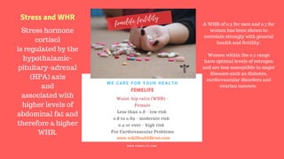 FERTILITY TIPS
FEMELIFE
Waist-hip ratio (WHR) -
Female
Less than 0.8 - low risk
0.8 to 0.89 - moderate risk
0.9 or over - high risk
For Cardiovascular Problems
WE CARE FOR YOUR HEALTH
W W W . F E M E L I F E . C O M
www.wikiHealthNews.com
femelife fertility
Stress hormone
cortisol
is regulated by the
hypothalamic-
pituitary-adrenal
(HPA) axis
and
associated with
higher levels of
abdominal fat and
therefore a higher
WHR.
Stress and WHR
A WHR of 0.9 for men and 0.7 for
women has been shown to
correlate strongly with general
health and fertility.
Women within the 0.7 range
have optimal levels of estrogen
and are less susceptible to major
diseases such as diabetes,
cardiovascular disorders and
ovarian cancers.
 