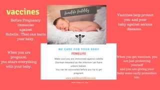 FERTILITY TIPS
FEMELIFE
Make sure you are immunised against rubella
(German measles) as the infection can harm
unborn babies.
You can be vaccinated before you try to get
pregnant.
WE CARE FOR YOUR BABY
W W W . F E M E L I F E . C O M
www.wikiHealthNews.com
femelife fertility
Before Pregnancy
Immunise
against
Rubella . That can harm
your baby.
Vaccines help protect
you and your
baby against serious
diseases.
When you are
pregnant,
you share everything
with your baby.
When you get vaccines, you
are just protecting
yourself
and you are giving your
baby some early protection
too.
vaccines
 