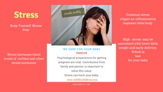 FERTILITY TIPS
FEMELIFE
Psychological preparations for getting
pregnant are vital. Contribution from
family and partner is important to
solve this issue.
Stress can harm your baby.
WE CARE FOR YOUR BABY
W W W . F E M E L I F E . C O M
www.wikiHealthNews.com
femelife fertility
Keep Yourself Stress
Free
Stress Constant stress
trigger an inflammatory
response inthe body
High stress may be
associated with lower birth
weight and early delivery.
Which is
bad
for your baby
Stress increases blood
levels of cortisol and other
stress hormones
 