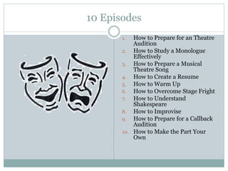 10 Episodes
1. How to Prepare for an Theatre
Audition
2. How to Study a Monologue
Effectively
3. How to Prepare a Musical
Theatre Song
4. How to Create a Resume
5. How to Warm Up
6. How to Overcome Stage Fright
7. How to Understand
Shakespeare
8. How to Improvise
9. How to Prepare for a Callback
Audition
10. How to Make the Part Your
Own
 