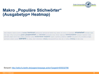 10
Makro „Populäre Stichwörter“
(Ausgabetyp= Heatmap)
Wiki in 15 Minuten
Beispiel: http://wikis.fu-berlin.de/pages/viewpage.action?pageId=655032796
 
