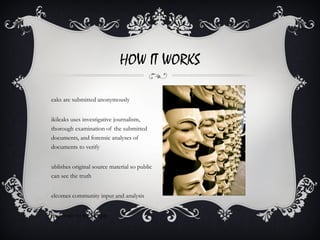 eaks are submitted anonymously
ikileaks uses investigative journalism,
thorough examination of the submitted
documents, and forensic analyses of
documents to verify
ublishes original source material so public
can see the truth
elcomes community input and analysis
ring truth to the people
HOW IT WORKS
 